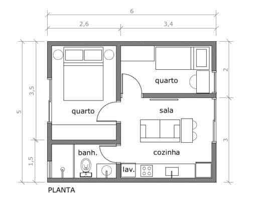 plantas de casas pequenas 2 quartos 40m2