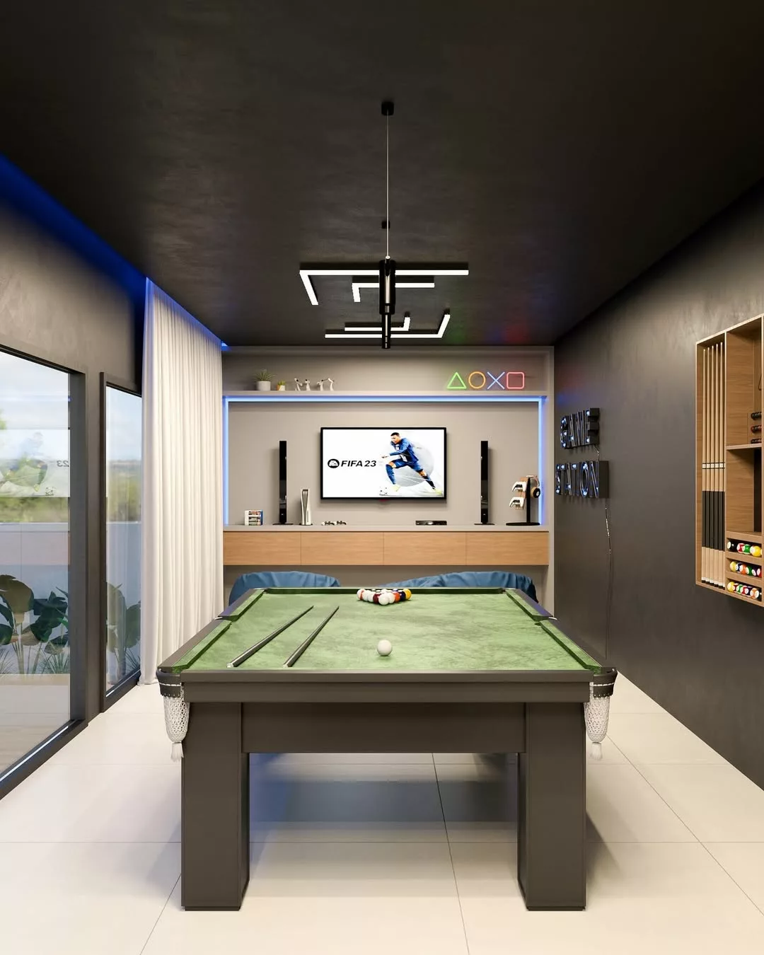 decoração área gourmet com sala de jogos