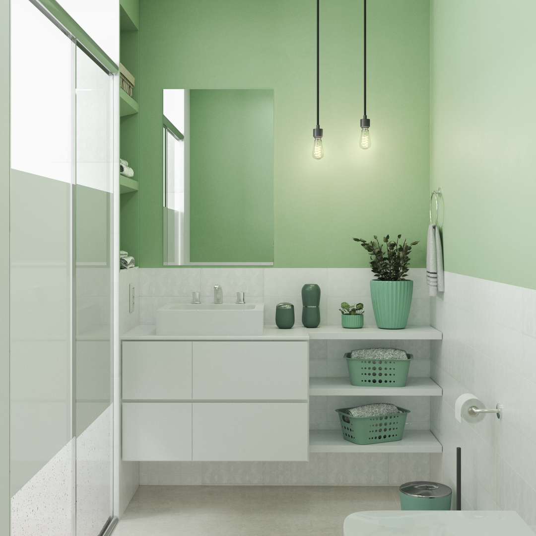 banheiro verde menta e dourado