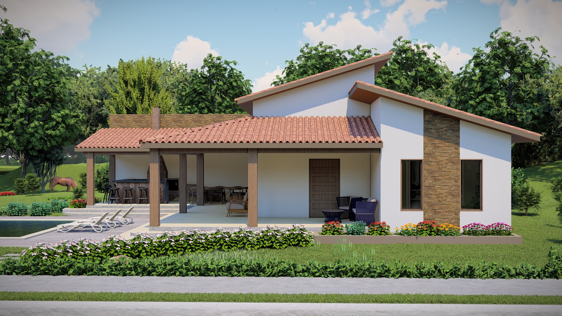 Casa com varanda na frente e lateral