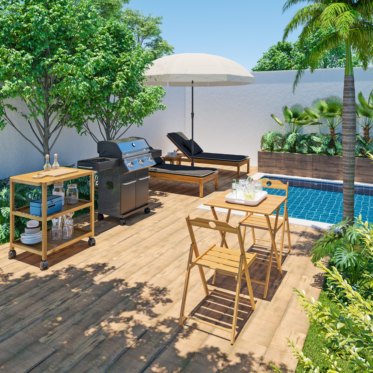 Área gourmet com piscina e churrasqueira moderna