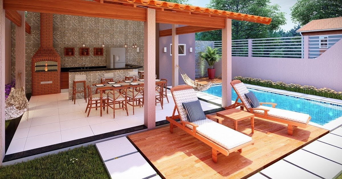 Decoração de área externa com piscina e churrasqueira