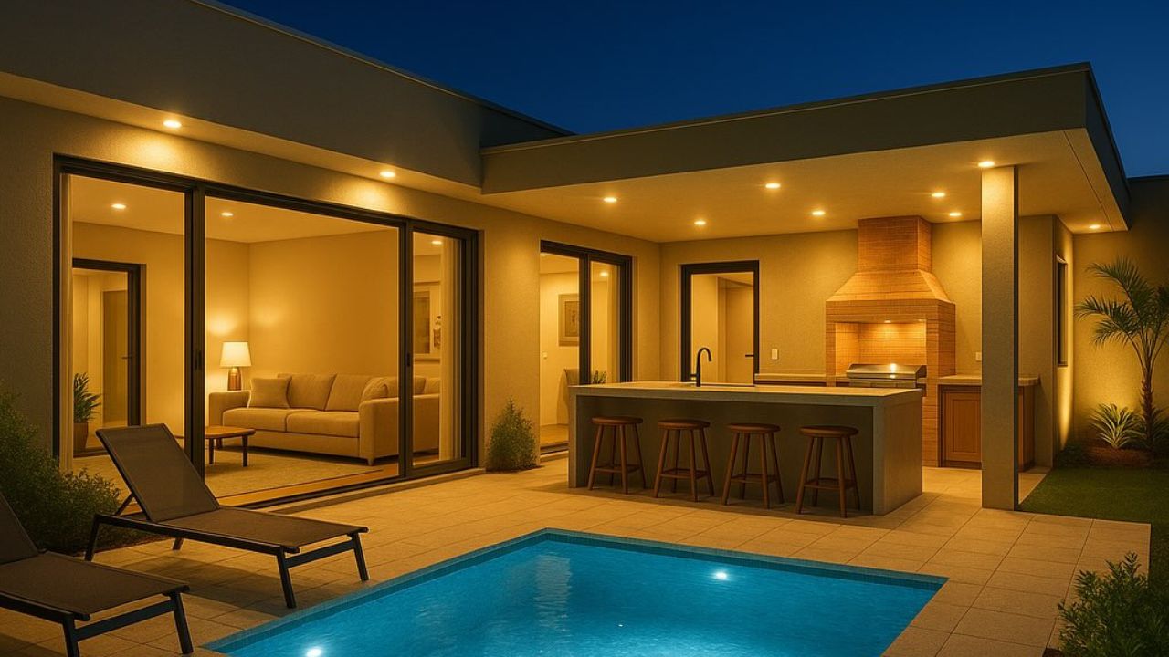 Área de churrasco com piscina em condomínio