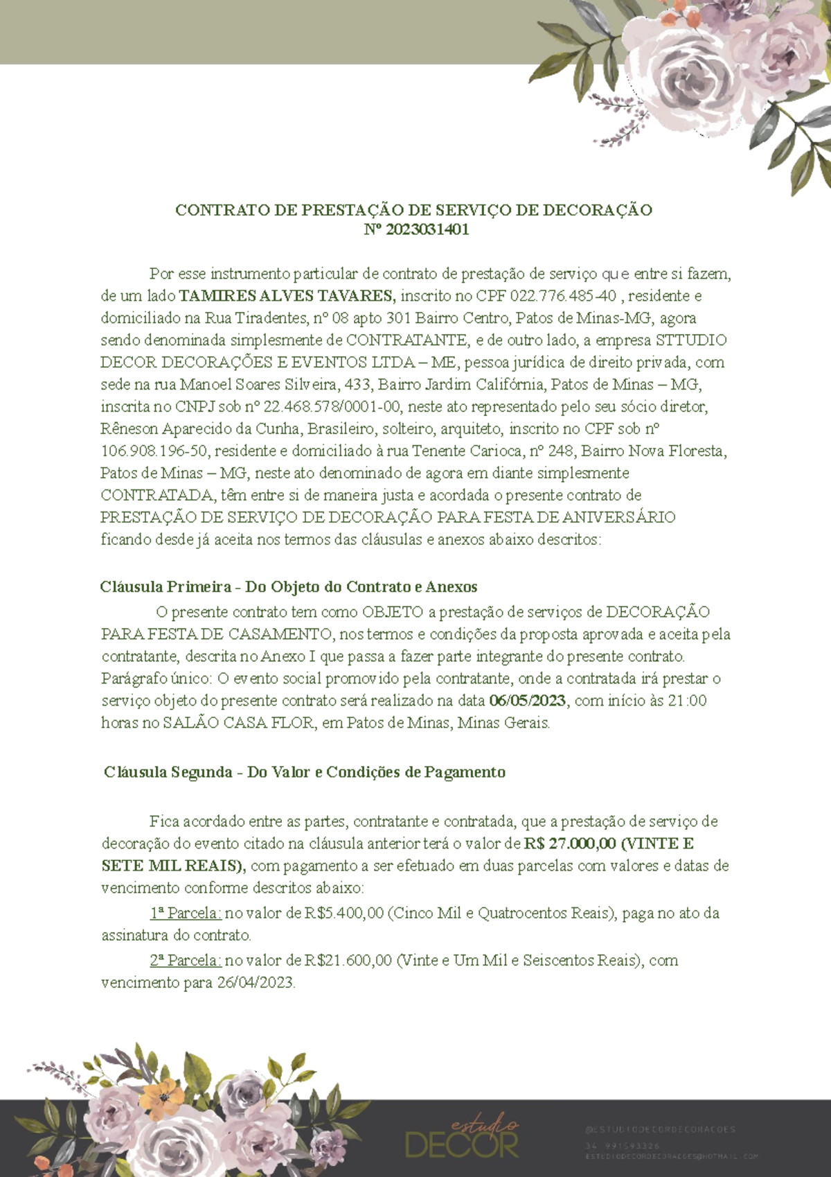 contrato decoração de festa