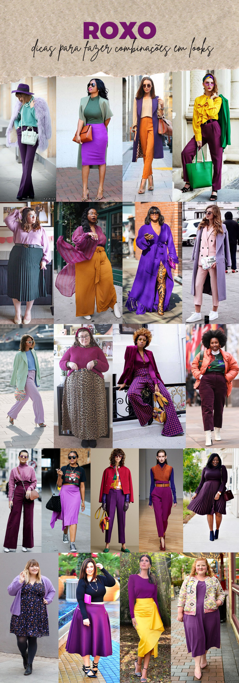 ideias de looks com roxo e amarelo