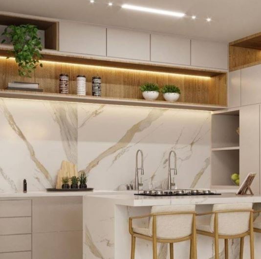 Cozinha com porcelanato na parede