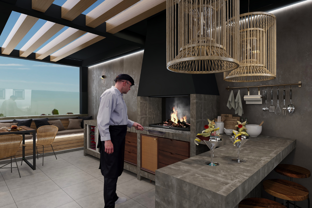 cozinha integrada com churrasqueira e varanda