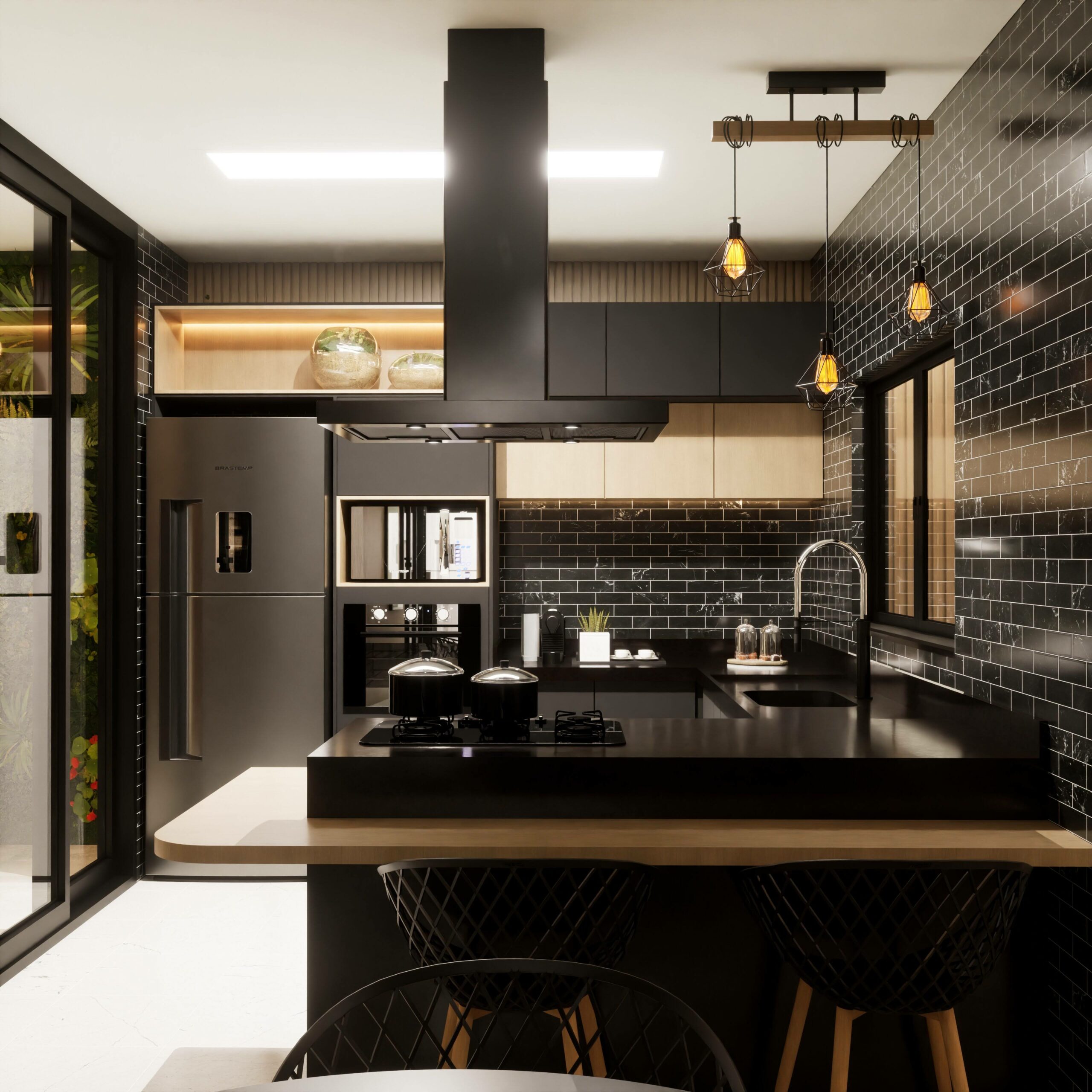 cozinha planejada preta e branca