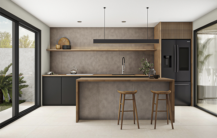 cozinha planejada preta com led