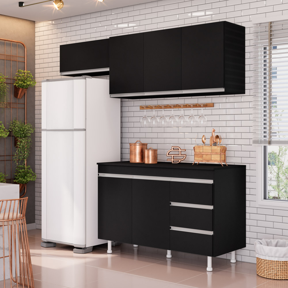 cozinha planejada preta e madeira