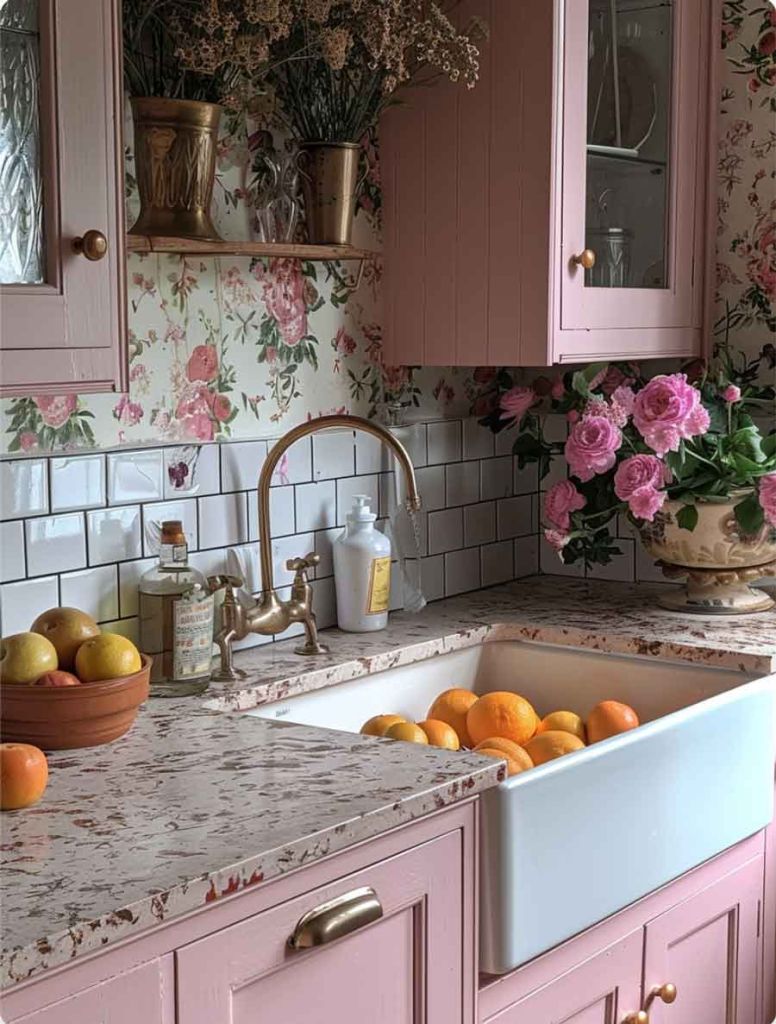 Cozinha rosa com piso cimento queimado