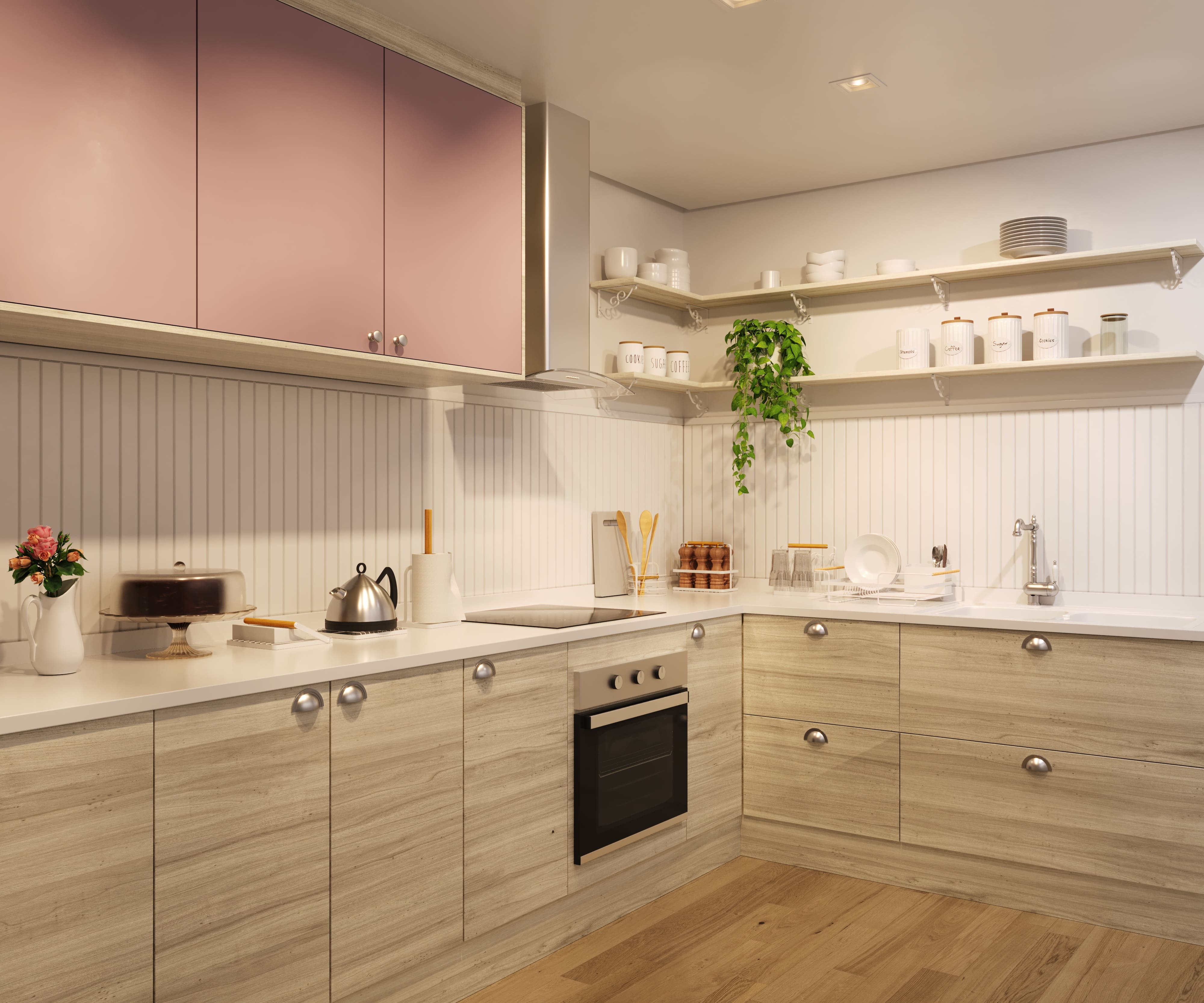 Cozinha rosa com eletrodomésticos de inox