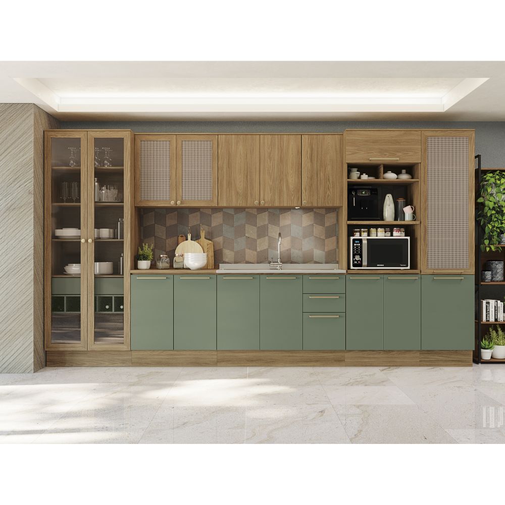 Cozinha verde menta com madeira