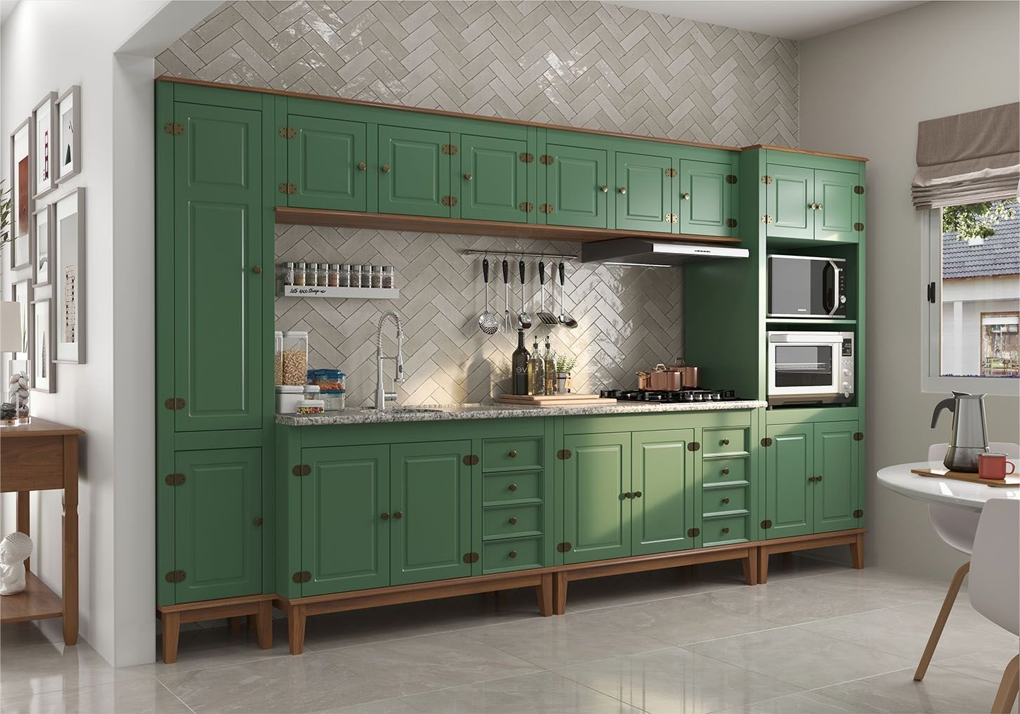 Cozinha verde oliva com madeira