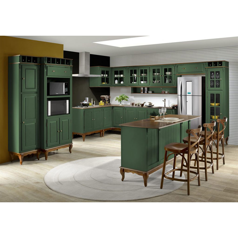 Cozinha verde eucalipto com madeira