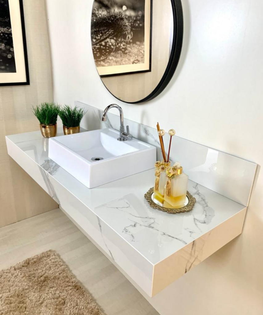 Lavatório em porcelanato para banheiro slim 60cm com cuba esculpida