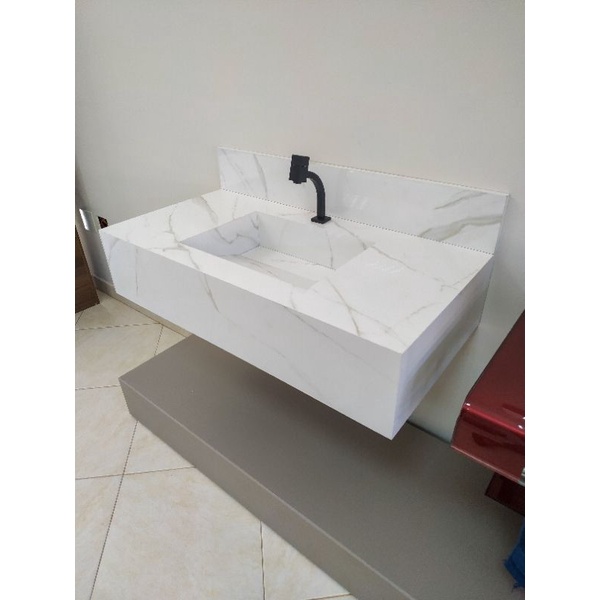 Lavatório em porcelanato para banheiro slim 60cm com cuba esculpida