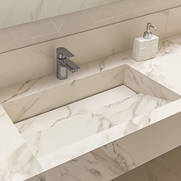 Lavatório em porcelanato para banheiro slim 60cm com cuba esculpida