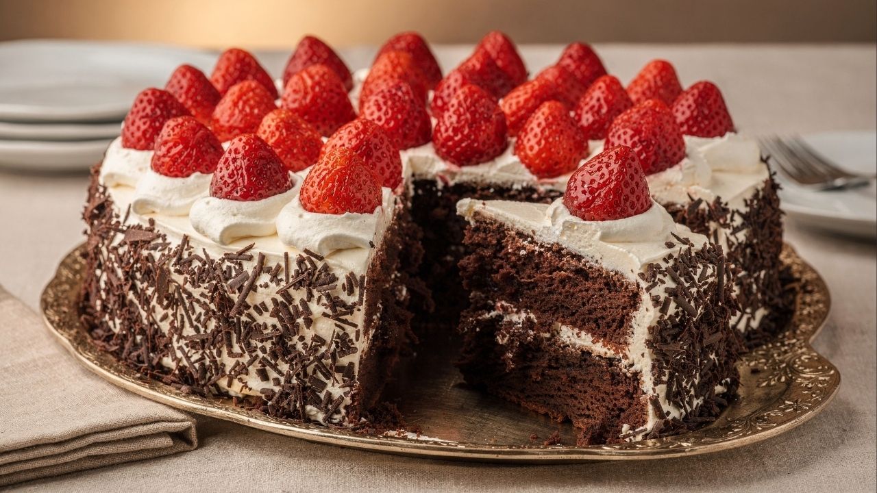 decoração bolo chocolate com morango