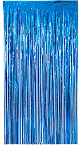 decoração com cortina metalizada azul