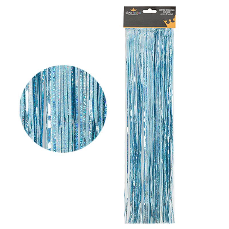 decoração com cortina metalizada azul