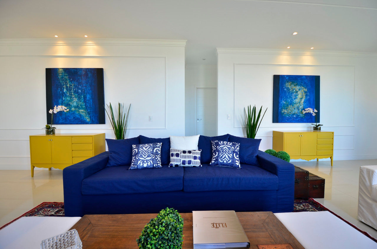 decoração com sofa azul