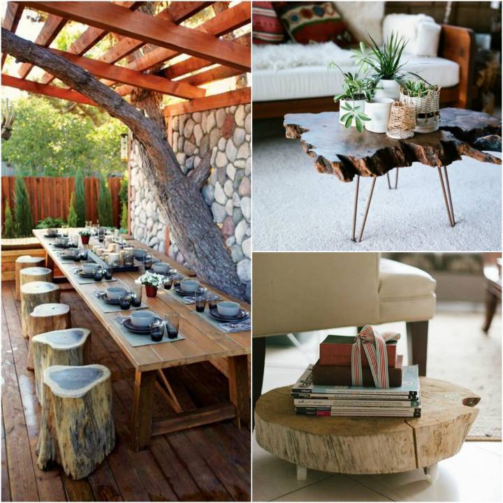 ideias de decoração com tronco de árvore na parede para sala