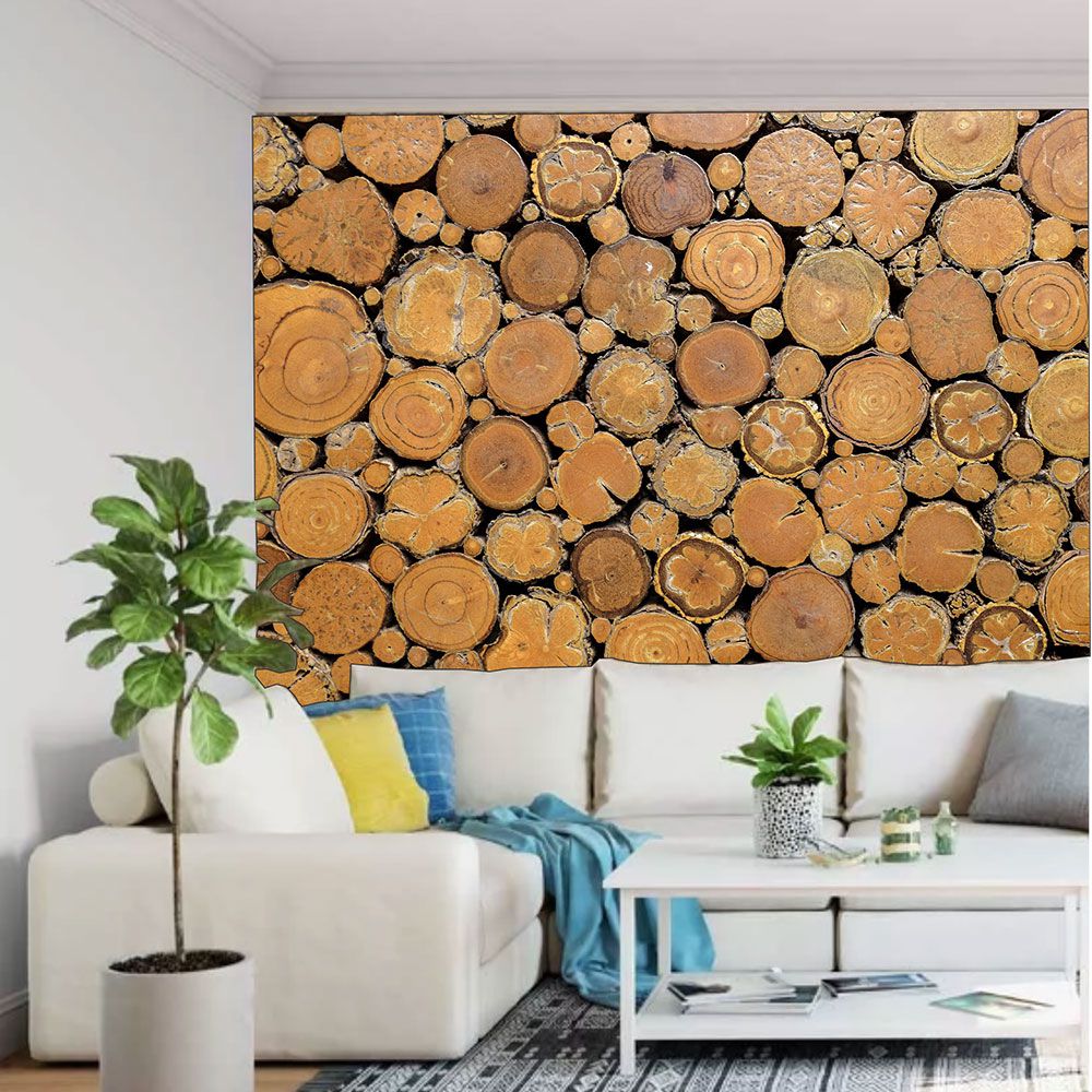 decoração com tronco de árvore na parede