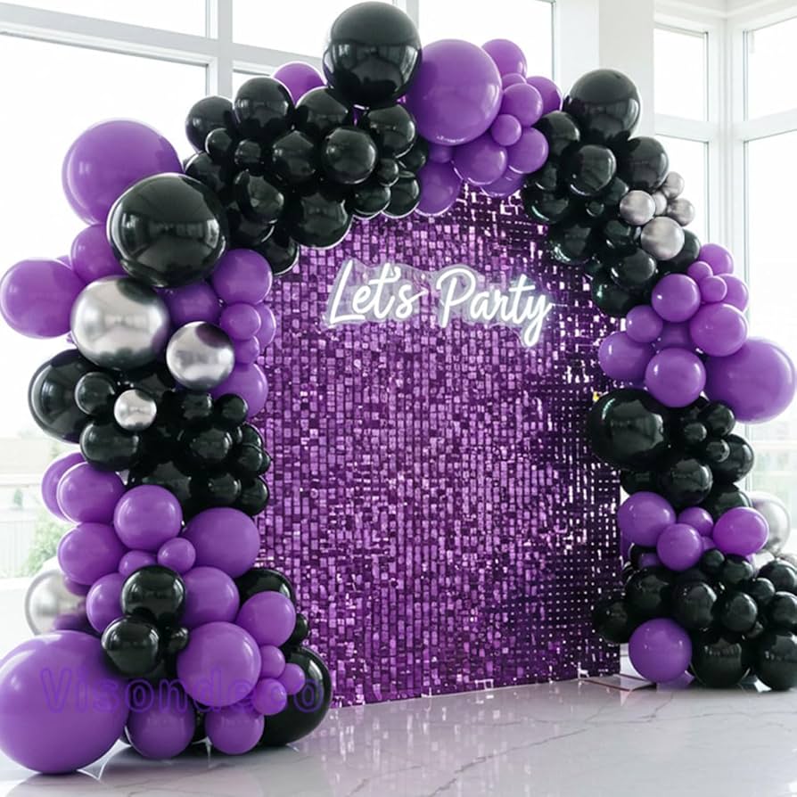 decoração roxo e preto vs roxo e prata para aniversário