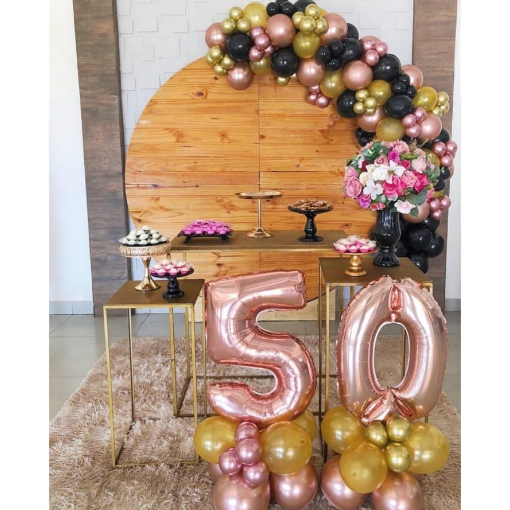 decoração de balão rosa e dourado