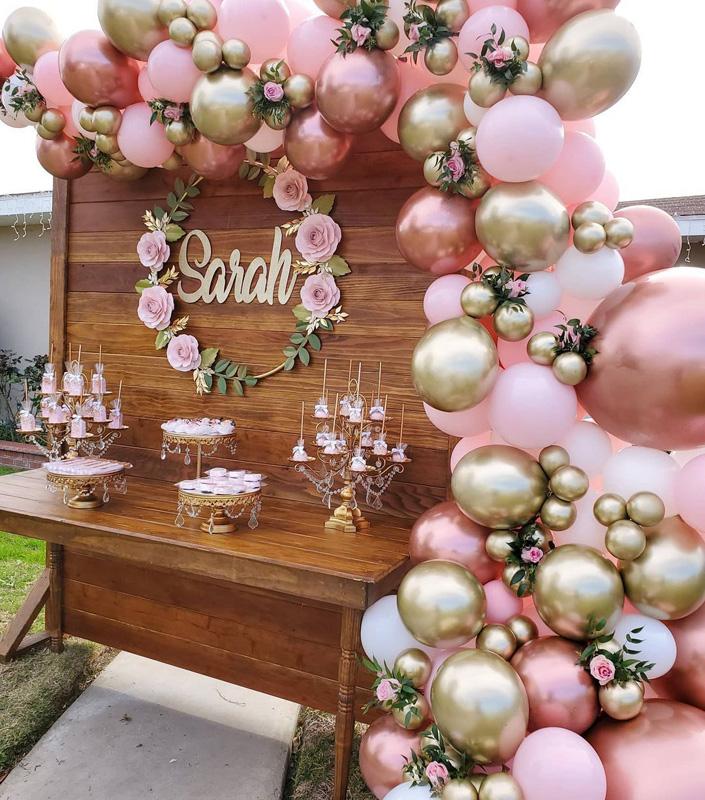 arco de balões desconstruído rosa dourado passo a passo