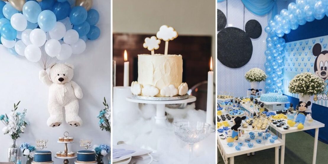 decoração de chá de bebê azul e branco simples