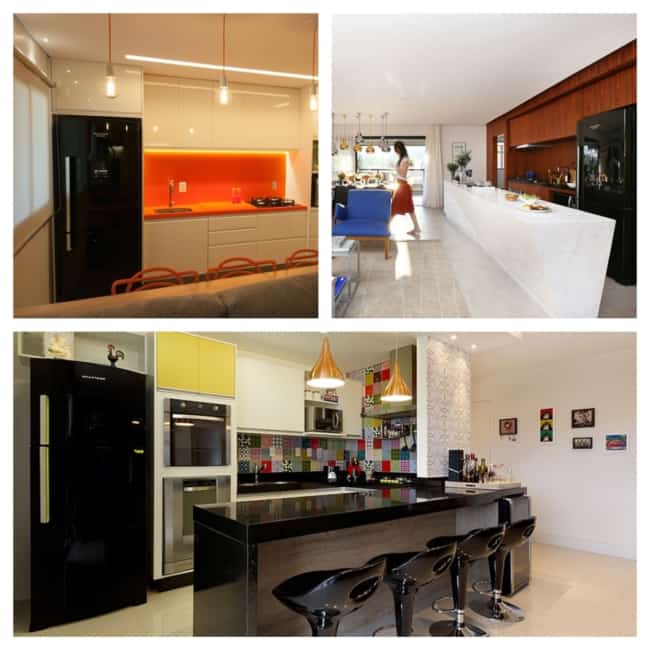 inspiração cozinha com geladeira preta