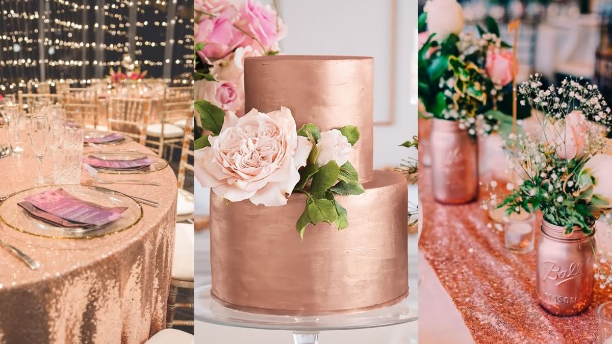 ideias decoração festa rose gold dourado simples