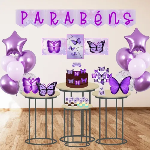 decoração mesa principal festa 15 anos roxa