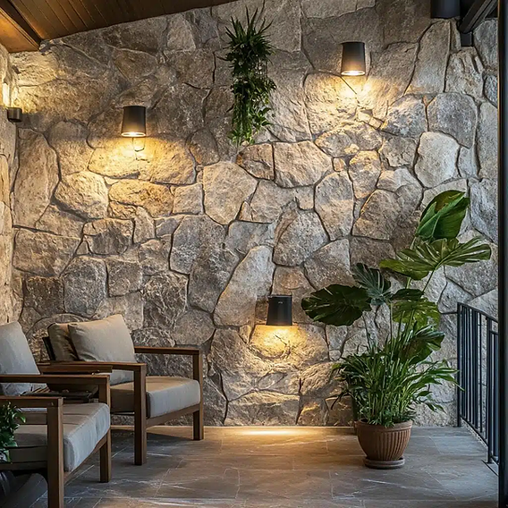 decoração de pedra na parede da sala