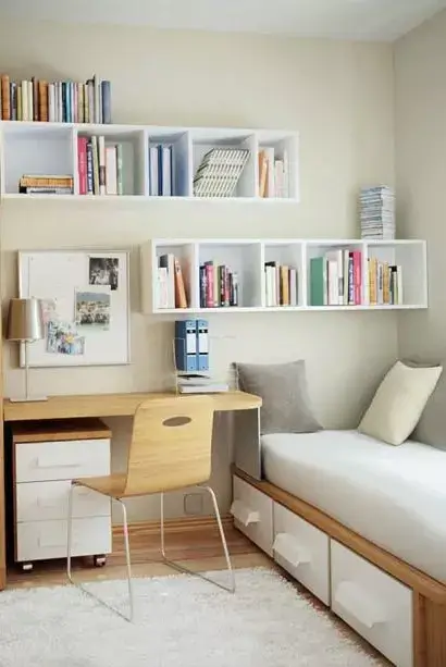ideias de decoração quarto com nichos e prateleiras