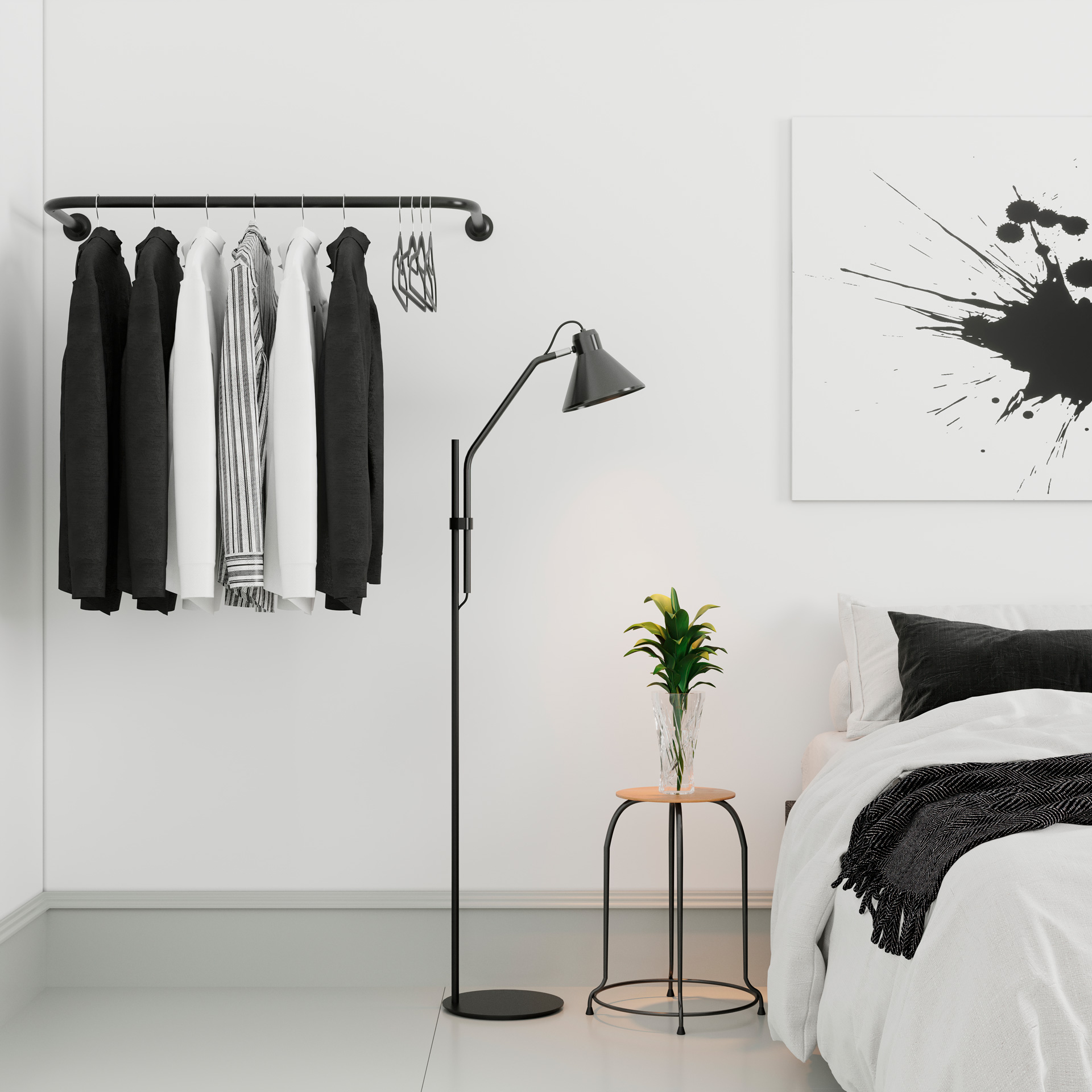 quarto preto e branco com detalhes coloridos