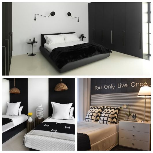 quarto preto e branco com detalhes coloridos