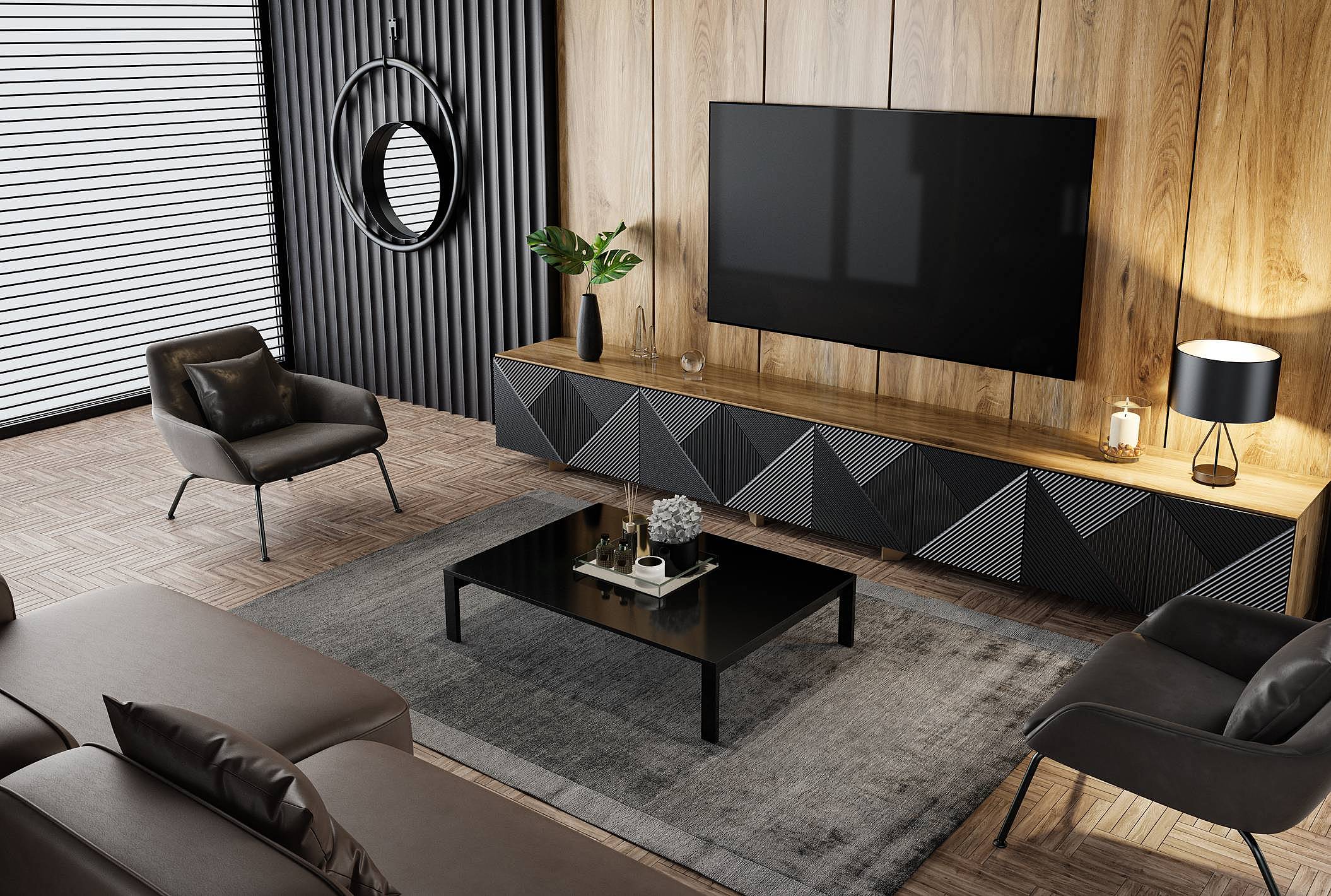 moveis pretos com madeira clara ou escura