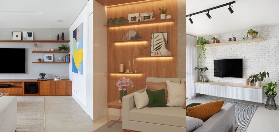 decoração de sala com prateleiras na parede