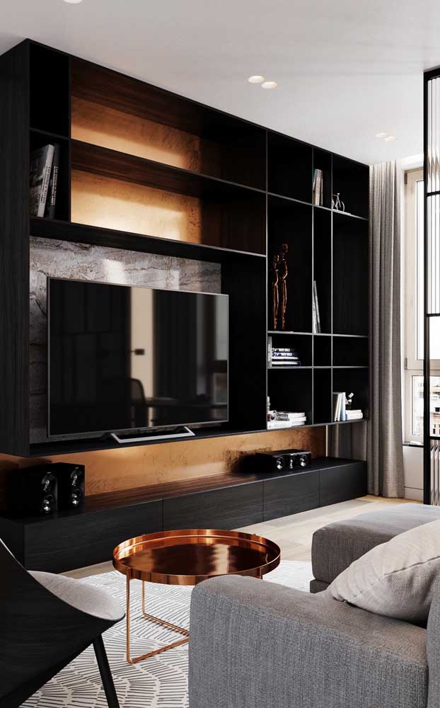 decoração de sala com rack preto