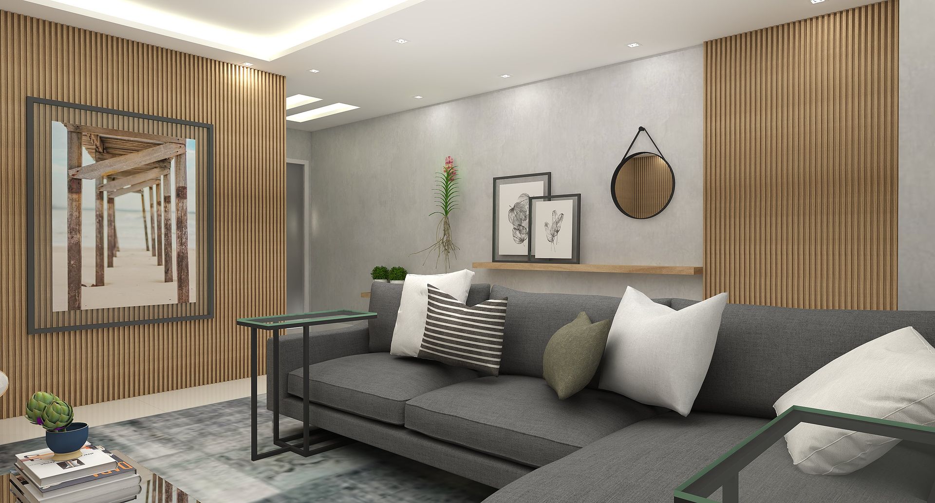 decoração de sala de estar com sofa cinza