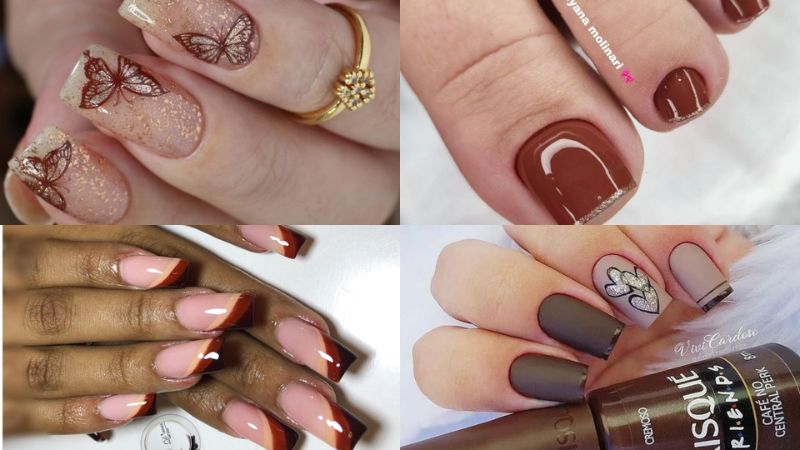 Combinações de cores para unhas em gel marrom e dourado