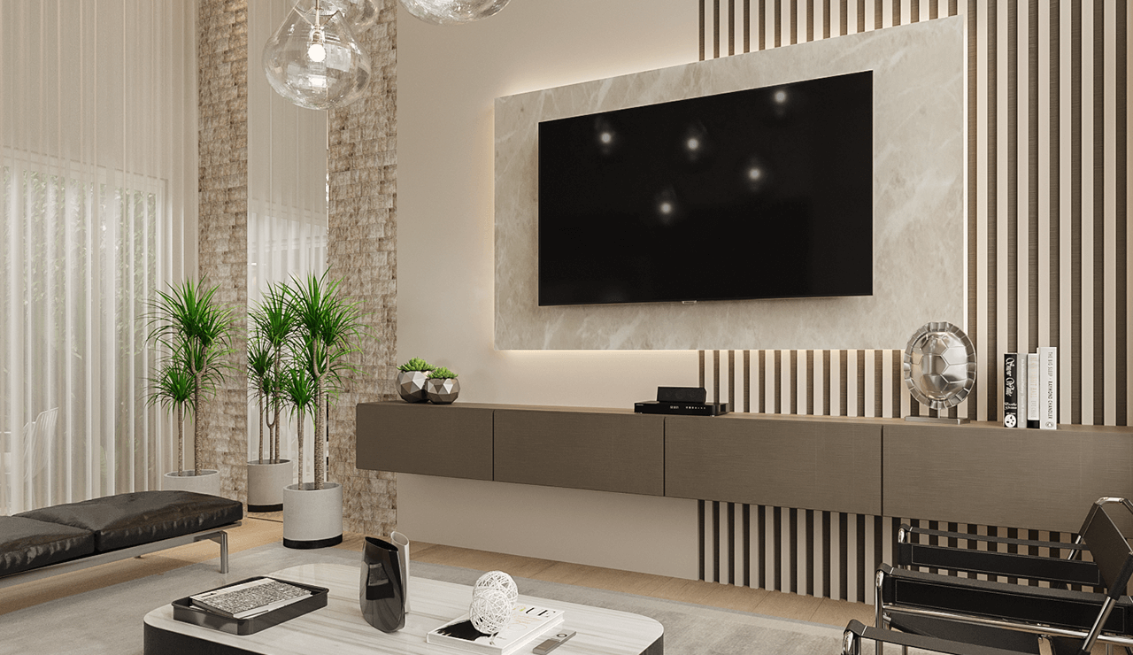 ideias de decoração painel de tv ripado com led