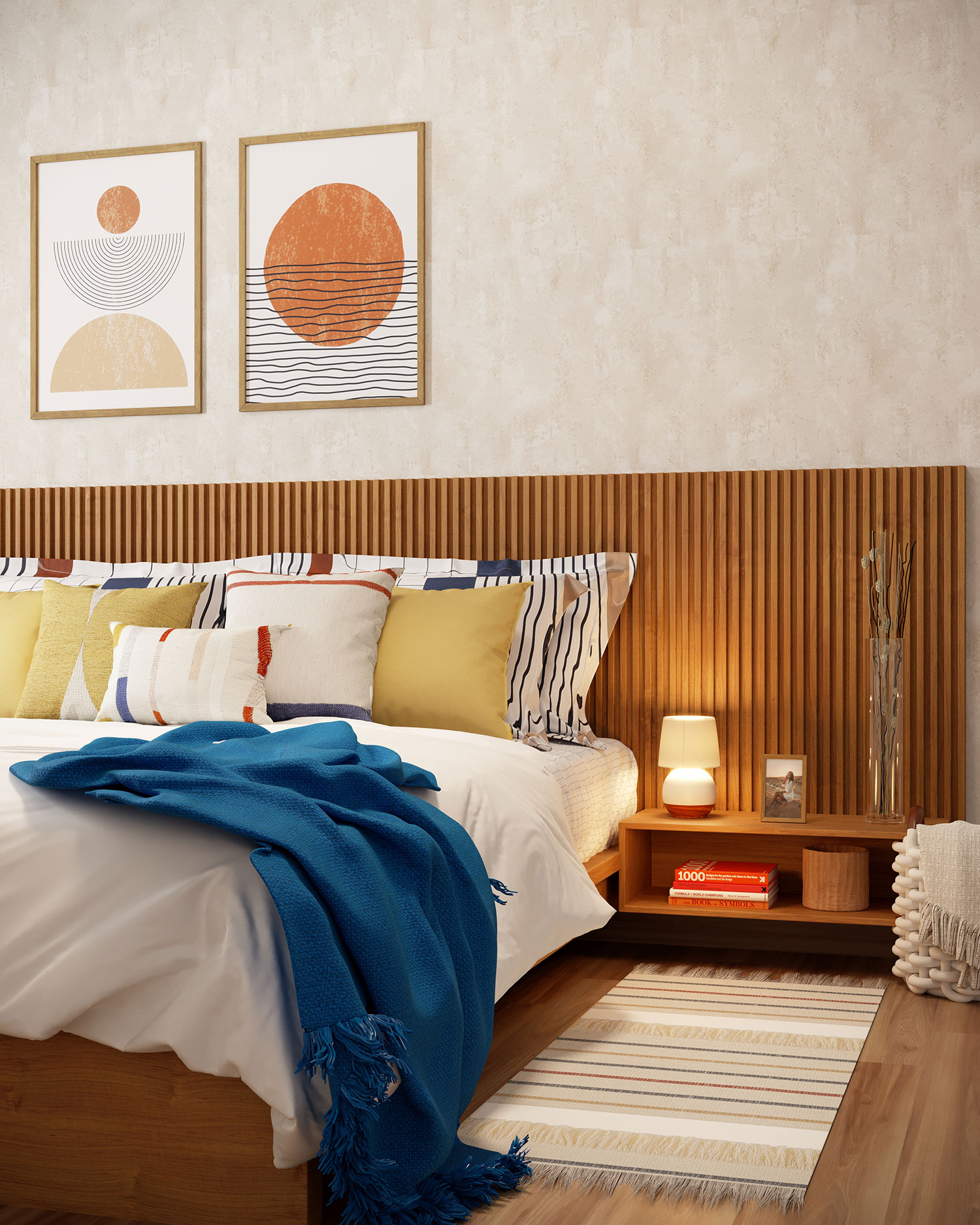 decoração quarto de casal com papel de parede na cabeceira