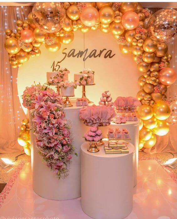decoração festa rose gold vs dourado