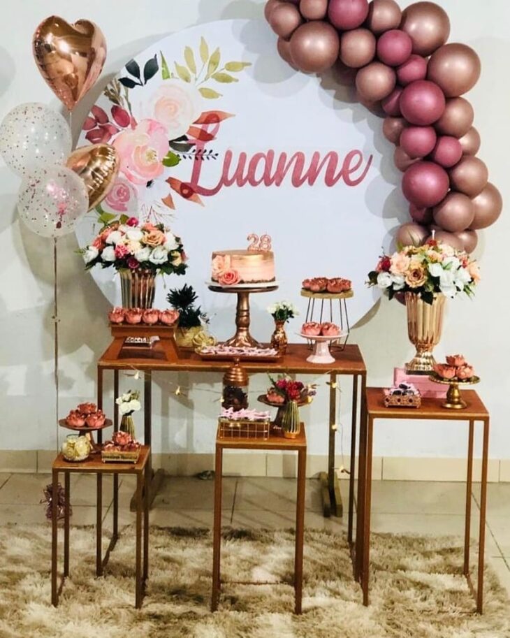 ideias decoração festa rose gold simples e barata