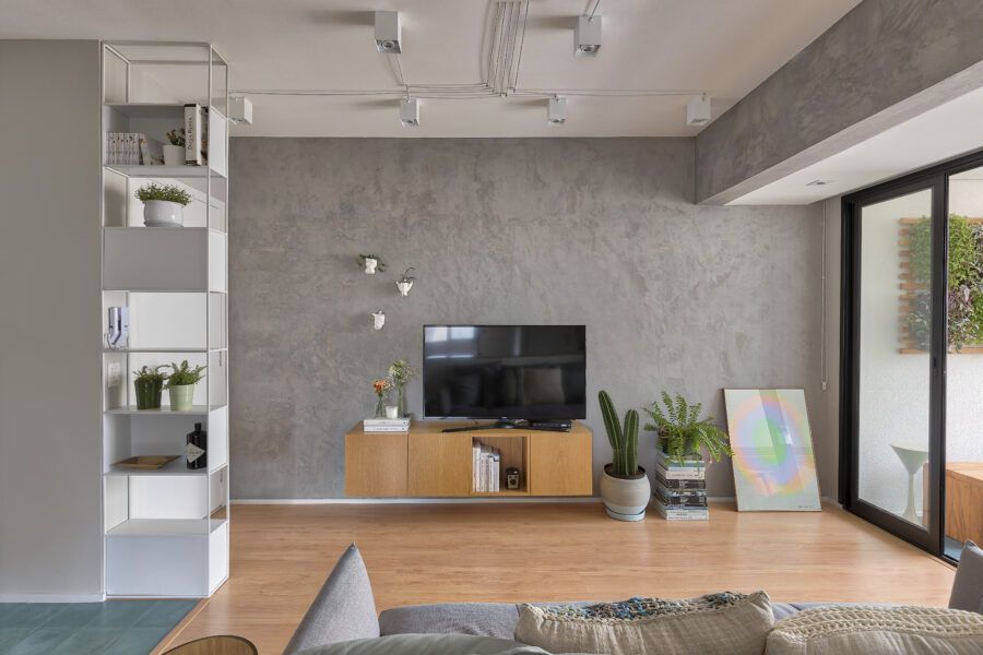 decoração sala cimento queimado