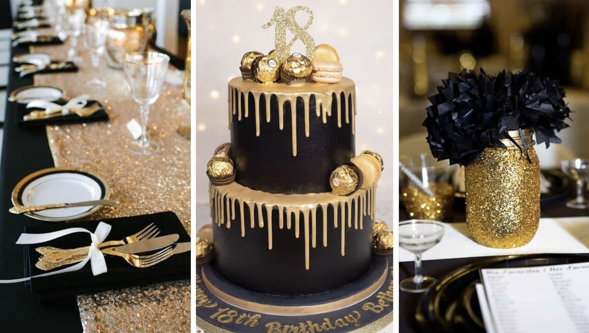 festa de decoração preto e dourado feminino